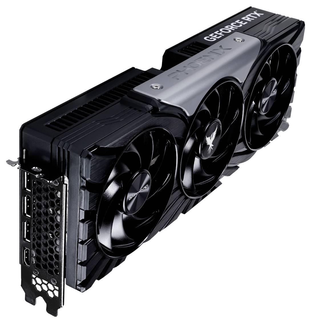 Eine schwarze Grafikkarte mit drei Lüftern, Aufschrift 'GEFORCE RTX' auf der Oberseite.