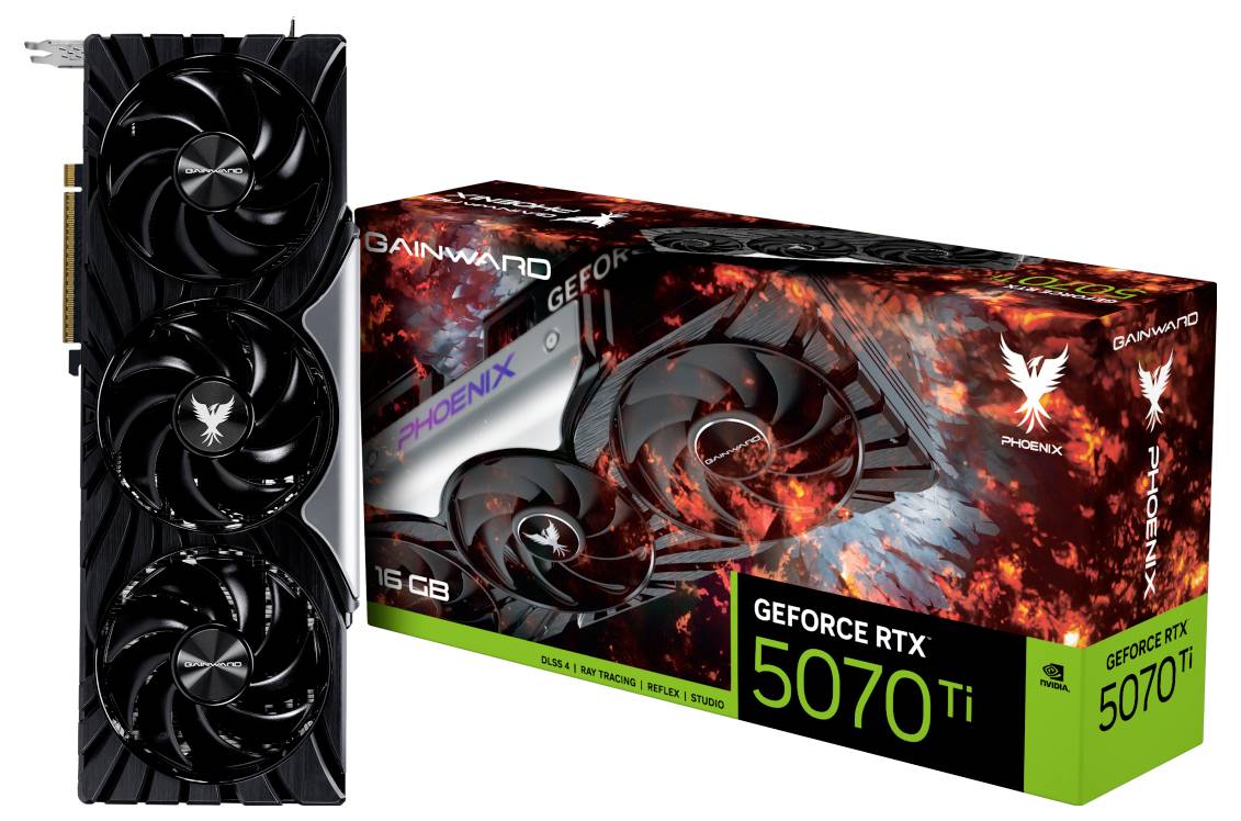 Gainward GeForce RTX 5070 Ti Grafikkarte mit schwarzem Lüfterdesign, neben der Produktverpackung mit phoenix- und Feuerdesign.