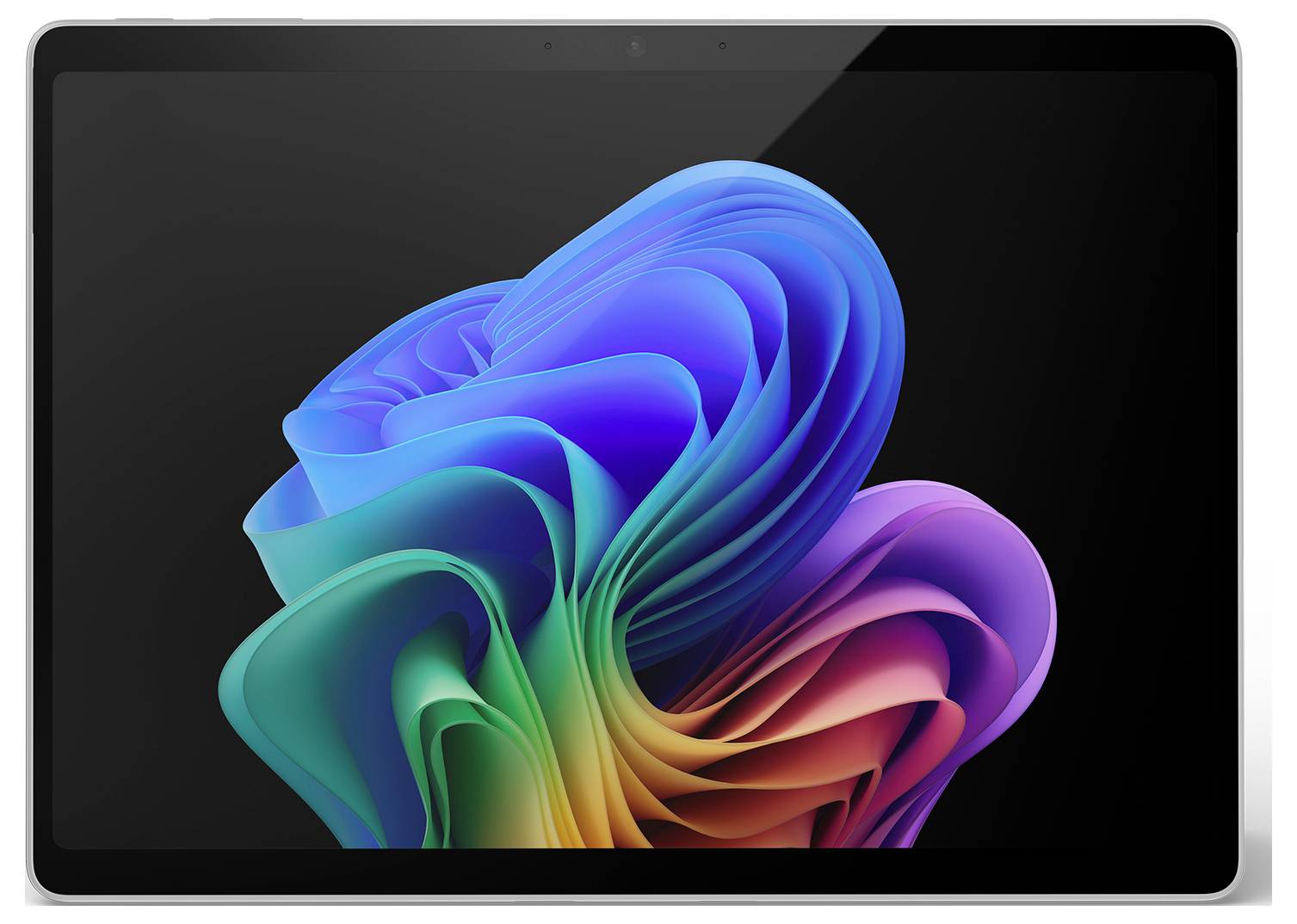 Ein Tablet mit schwarzem Bildschirm zeigt eine abstrakte, bunte 3D-Form in der Mitte.