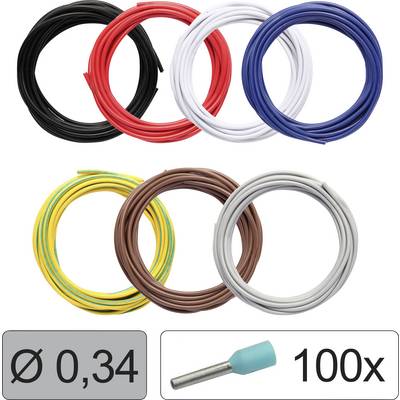 Sechs Kabel in verschiedenen Farben (Schwarz, Rot, Blau, Weiß, Gelb-Grün, Braun, Grau) und ein Paket mit 100 Kabelschuhen.