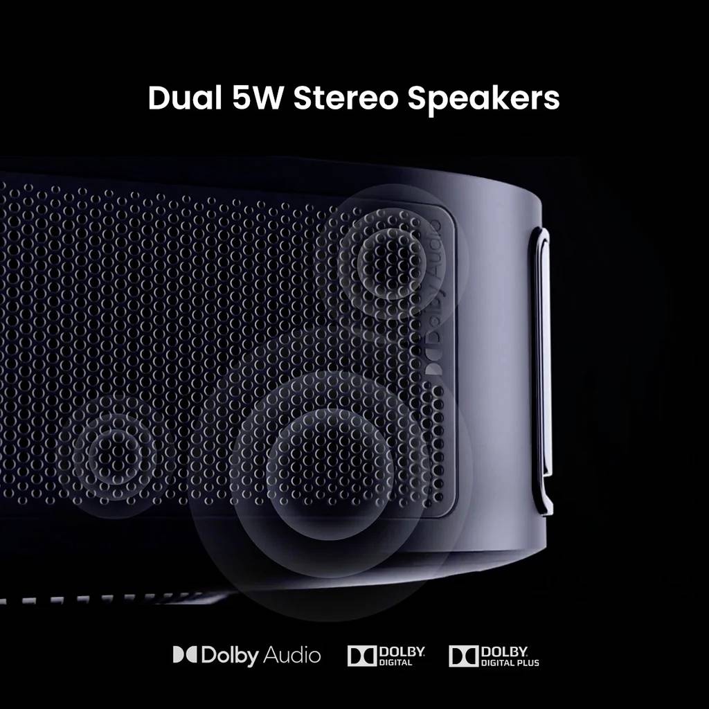 'Dual 5W Stereo Speakers' mit Dolby Audio, Dolby Digital und Dolby Digital Plus Logos. Schwarzer Lautsprecher im Vordergrund.