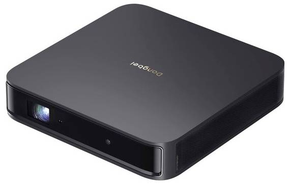 Ein schwarzer tragbarer Projektor mit der Aufschrift 'dangbei' auf der Oberseite, kompakt und modern im Design.