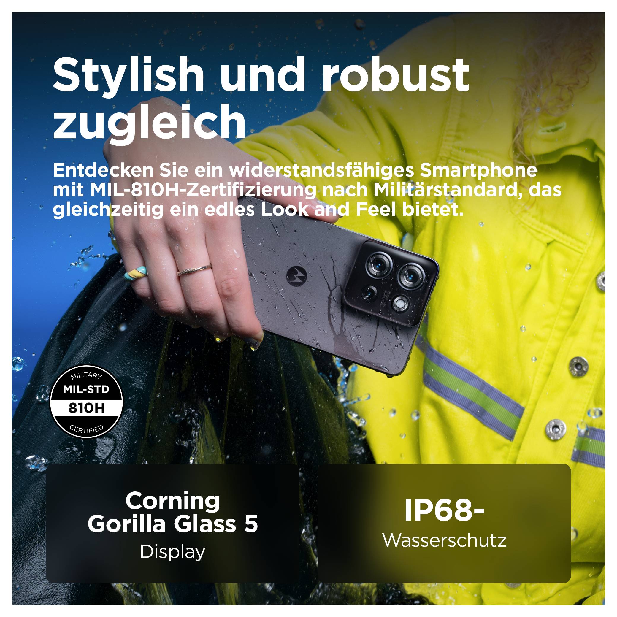 'Stylish und robust zugleich: Wasserdichtes Smartphone nach MIL-STD-810H, Gorilla Glass 5, IP68. Bietet Look und Feel.'