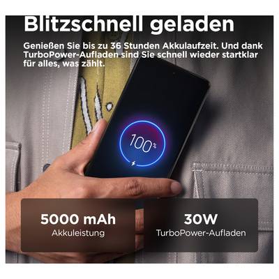 Hand hält ein Smartphone mit 100% Ladeanzeige. Text: 'Blitzschnell geladen', '5000 mAh Akkuleistung', '30W TurboPower-Aufladen'.