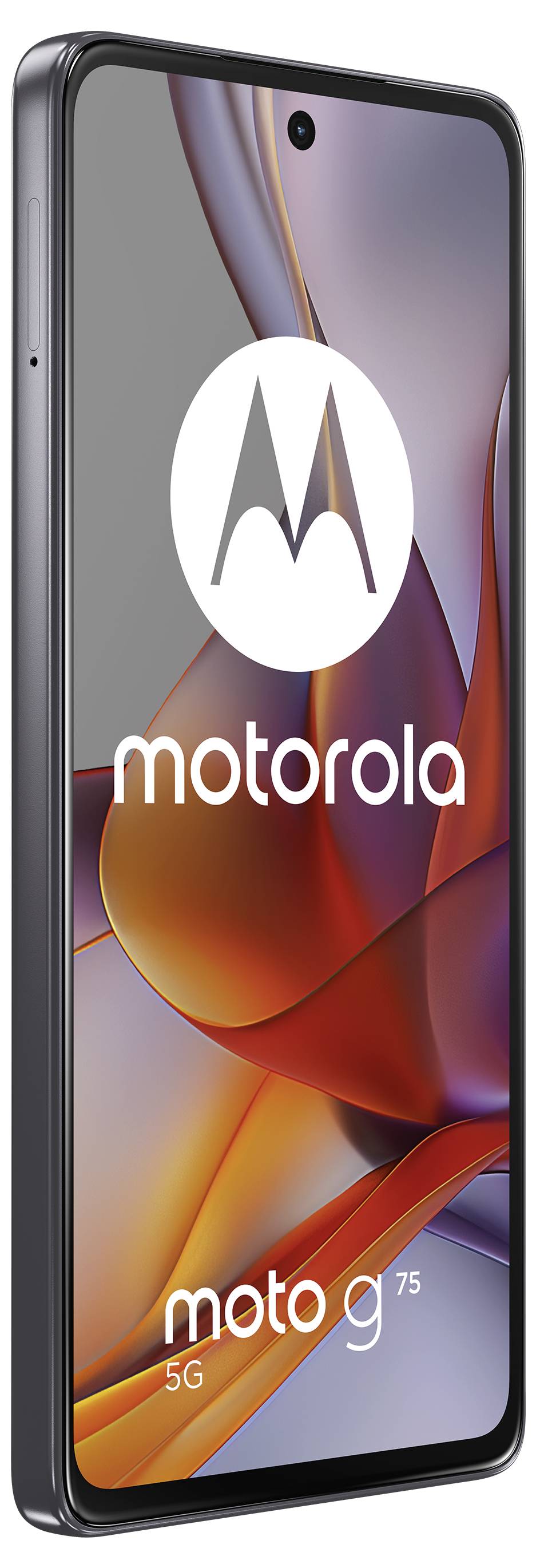 Frontansicht eines Motorola Moto G 5G Smartphones mit Bildschirm, abstrakt gestalteter Hintergrund, Markenlogo und Modellbezeichnung.