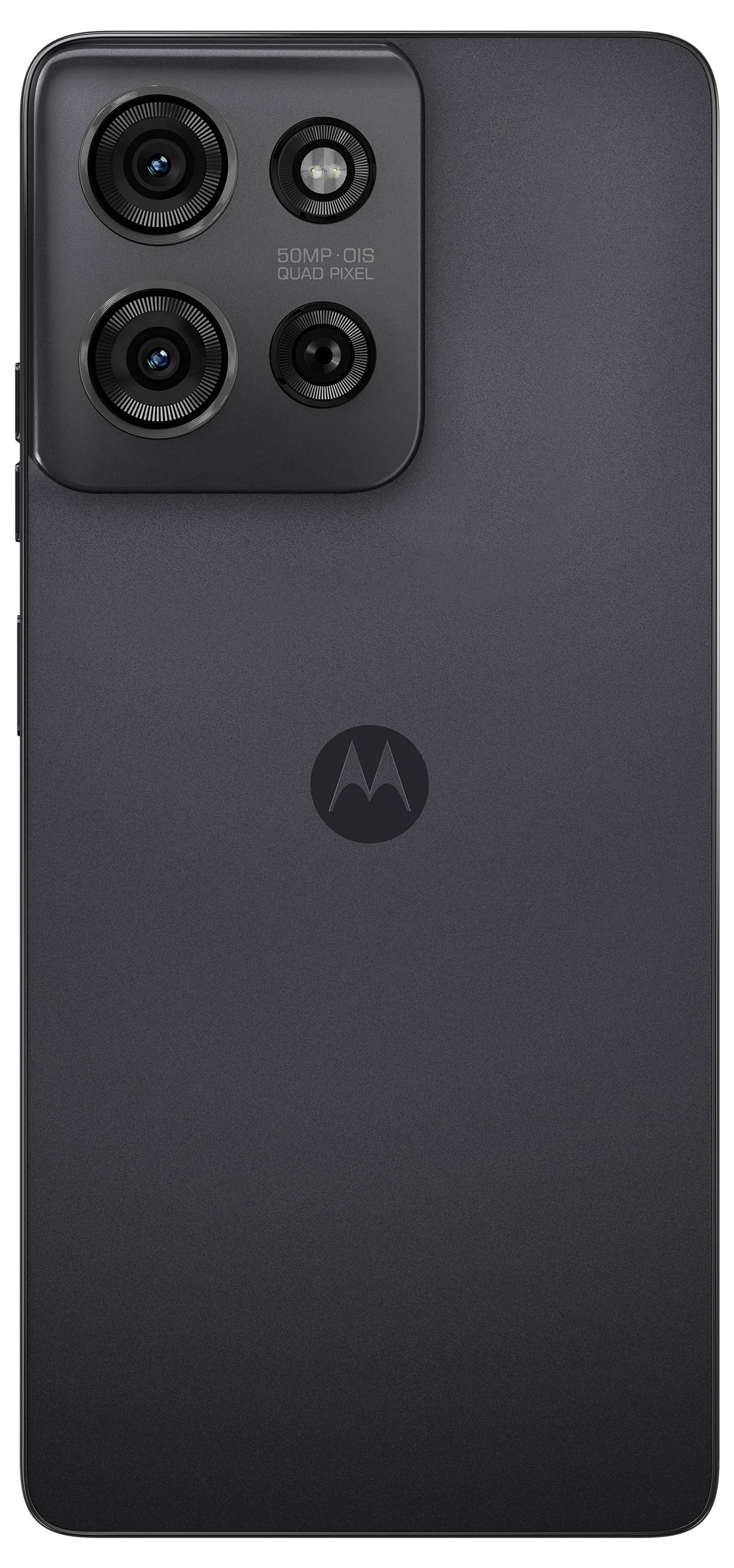 Schwarzes Smartphone von hinten mit dreifacher Kameraausstattung und Motorola-Logo auf der Rückseite.