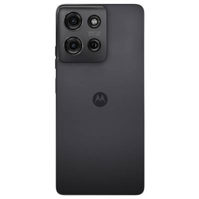 Schwarzes Smartphone von hinten mit dreifacher Kameraausstattung und Motorola-Logo auf der Rückseite.