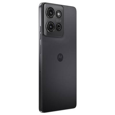 Ein schwarzes Smartphone mit einem prominenten Kameramodul mit vier Objektiven auf der Rückseite, das das Logo der Marke in der Mitte anzeigt.