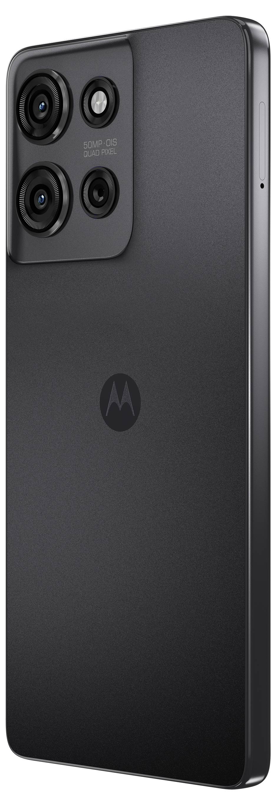 Ein elegantes, schwarzes Smartphone mit einem dreifachen Kameraset auf der Rückseite, mit minimalistische Gestaltung und zentralem Logo.