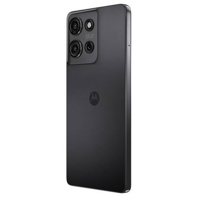 Ein elegantes, schwarzes Smartphone mit einem dreifachen Kameraset auf der Rückseite, mit minimalistische Gestaltung und zentralem Logo.