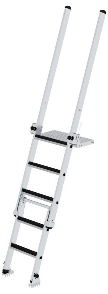 Eine weiße Aluminiumleiter mit mehreren Stufen und einer Plattform in der Mitte, geeignet für hohen Zugang und Stabilität.