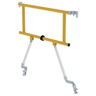 Ein gelber Pfostenträger mit zwei silbernen, verstellbaren Stützen und Klappmechanismus, geeignet für Gerüste oder ähnliche Strukturen.