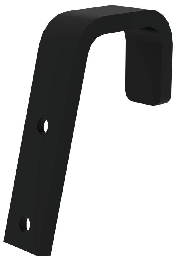 Schwarzer, L-förmiger Metallhaken mit zwei Montagelöchern, geeignet zur Befestigung oder Aufhängung an einer Wand oder Fläche.