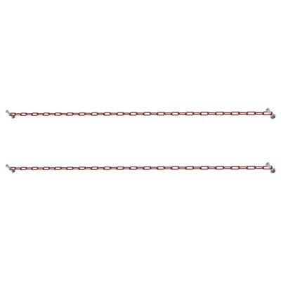 Zwei rote Ketten, horizontal ausgerichtet, sind parallel zueinander und in gleichmäßigem Abstand befestigt.