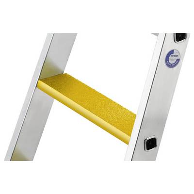 'Aluminiumleiter mit gelber Stufe und GS-geprüftem Label auf der Seite. Stabilität und Sicherheit im Fokus.'