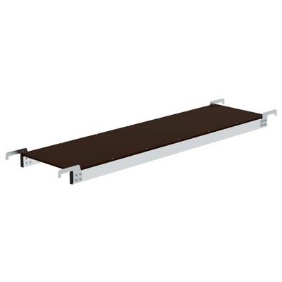 Ein Baustellen-Gerüstboden aus Metall mit seitlichen Befestigungshaken, flach und rechteckig.