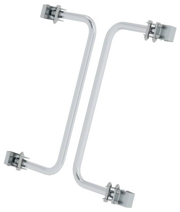Zwei gebogene Metallgriffe in Z-Form mit Befestigungselementen an den Enden, symmetrisch angeordnet, auf weißem Hintergrund.