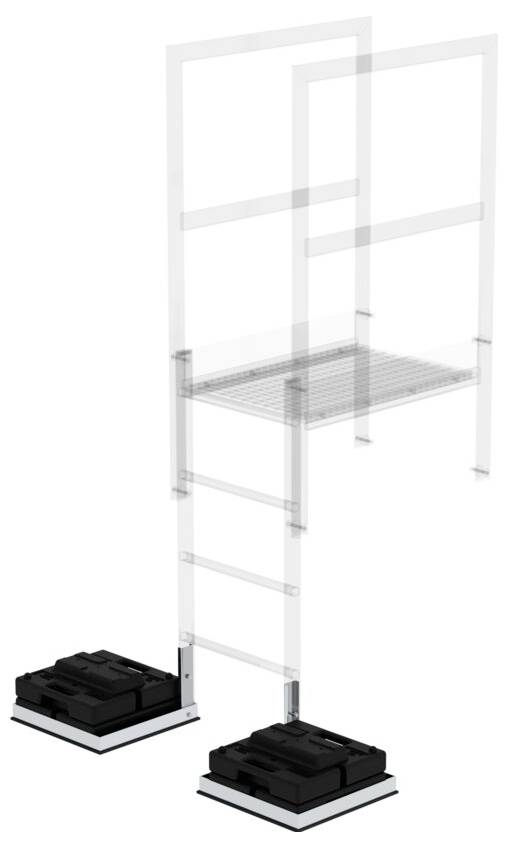'Illustration eines Regalsystems mit zwei Bodenständern, die eine stufenlos höhenverstellbare Plattform unterstützen.'