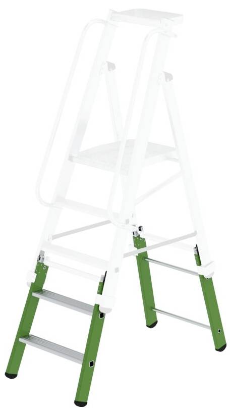 Eine grüne und weiße Klappleiter mit vier Stufen, geeignet für den Innengebrauch und leichten Zugang zu hohen Bereichen.