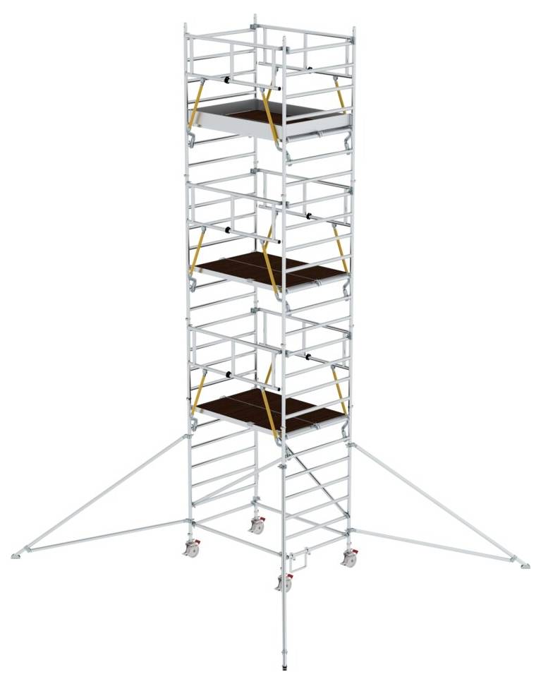 'Aluminiumgerüst mit mehreren Plattformen übereinander, stabilisiert durch seitliche Stützen. Auf Rollen für Mobilität.'