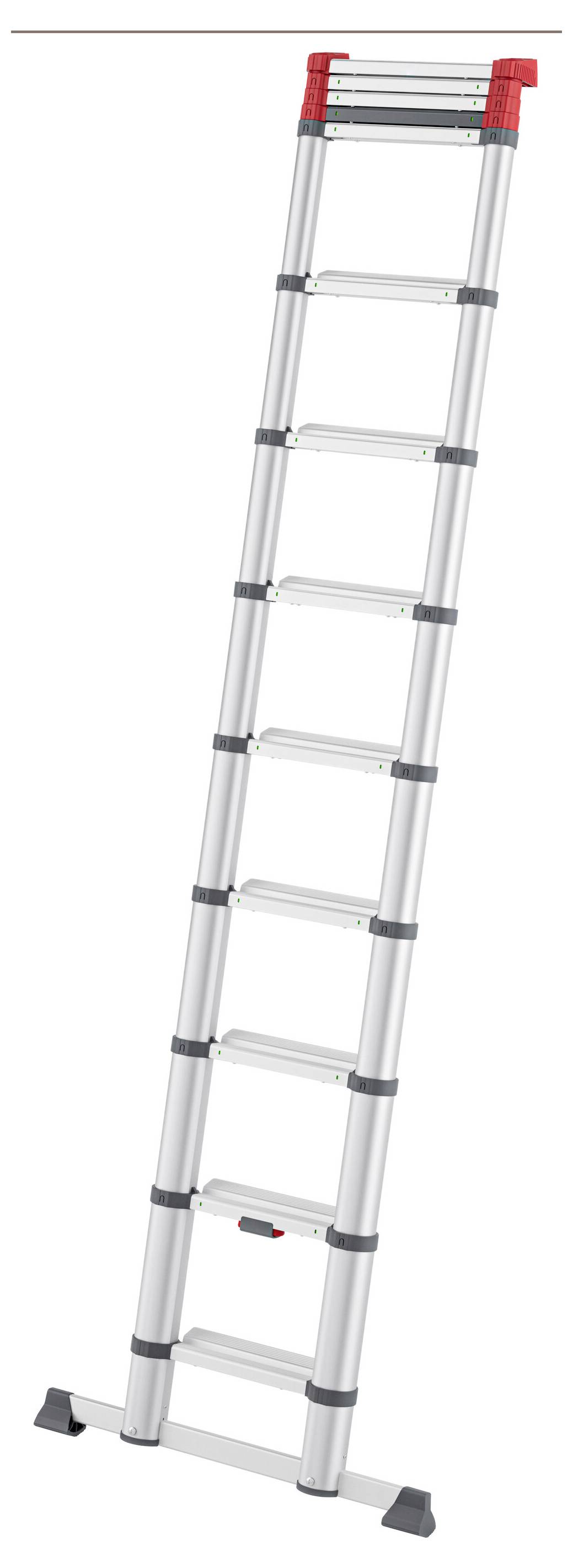 'Aluminium-Teleskopleiter' mit mehreren ausziehbaren Stufen, zeigt geöffneten Zustand.