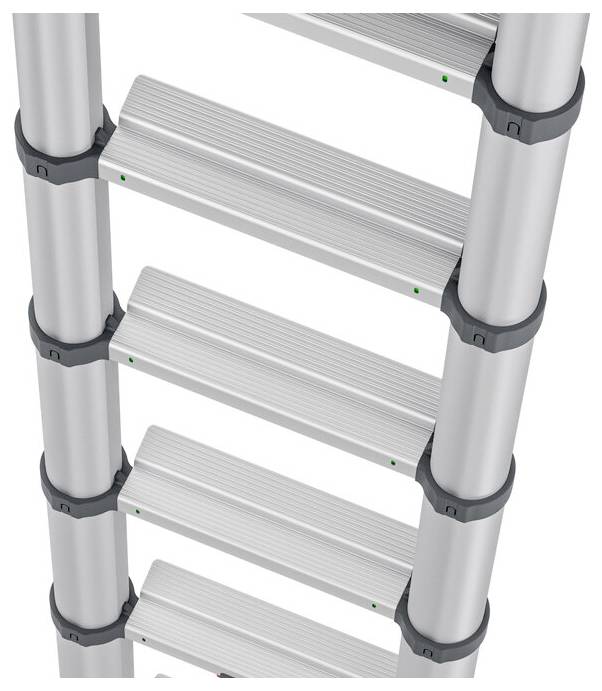 Eine teleskopische Leiter aus Aluminium, teilweise ausgefahren, zeigt die stabilen rechteckigen Sprossen und Verbindungselemente.