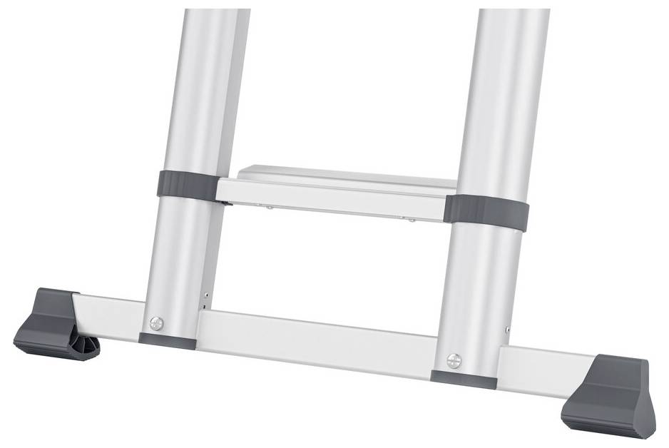 Ein verstellbarer Teleskopleiterfuß mit rutschfesten Gummikappen, geeignet für unebene Oberflächen, steht aufrecht.