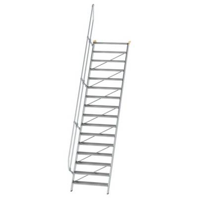 Metallene Industrietreppe mit Geländer, seitlich gesehen.