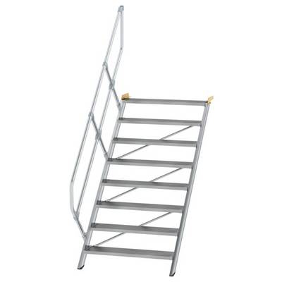 Metalltreppe aus grauem Stahl mit acht Stufen und seitlichem Geländer, geeignet für industrielle Anwendungen oder Lagerzugänge.