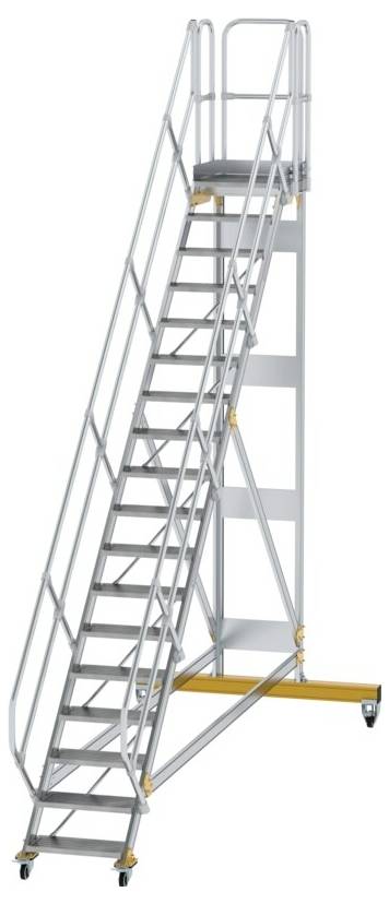 Eine rollbare Treppe mit Geländern, die in einer Werkstatt oder einem Lager eingesetzt werden kann, um Zugang zu höheren Ebenen zu ermöglichen.