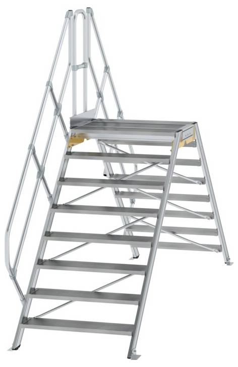Eine klappbare Aluminiumleiter mit breiten Stufen und einem Podest. Hingucker sind die stabilen Geländer an beiden Seiten.