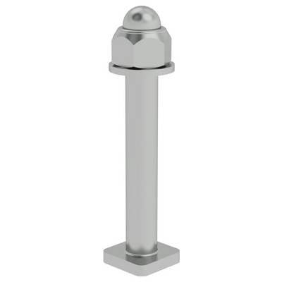 Silberner Metallbolzen mit sechseckiger Mutter und runder Kappe oben.