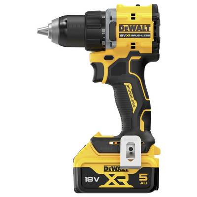 Ein gelber und schwarzer Akkuschrauber der Marke DeWalt, Modell 18V XR Brushless, mit einem robusten Design für Heimwerkerprojekte.