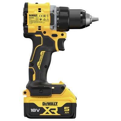'Akkubohrmaschine von DEWALT, Modell XR 18V mit 5 Ah Akku und bürstenlosem Motor, seitliche Ansicht.'