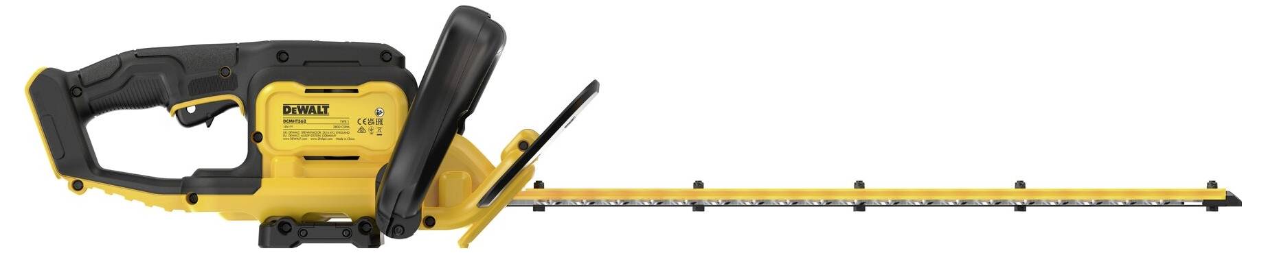 Elektrische Heckenschere in Gelb und Schwarz von DeWalt mit langen Schneidklingen. Geeignet für das Trimmen von Hecken.