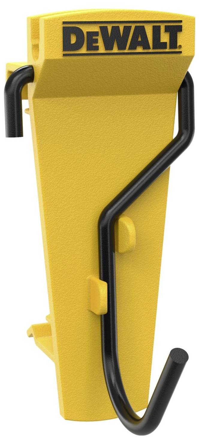 Gelber Werkzeughalter mit schwarzem Haken, Marke 'DeWalt' auf der Oberseite erkennbar. Entworfen zur Organisation von Werkzeugen.