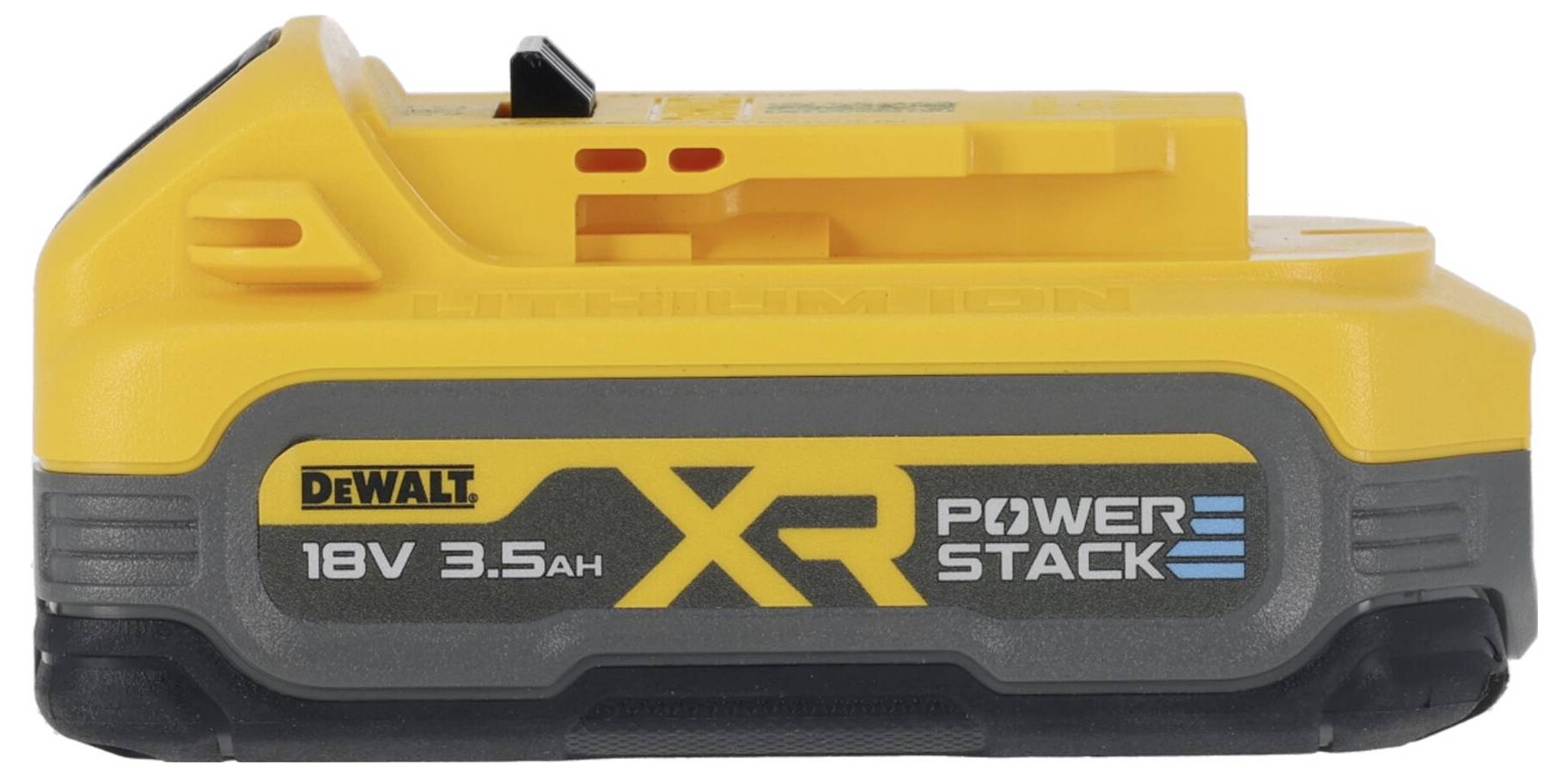 Gelber DeWalt 18V 3.5Ah XR Powerstack Akku, seitliche Ansicht mit Beschriftung und Logo.