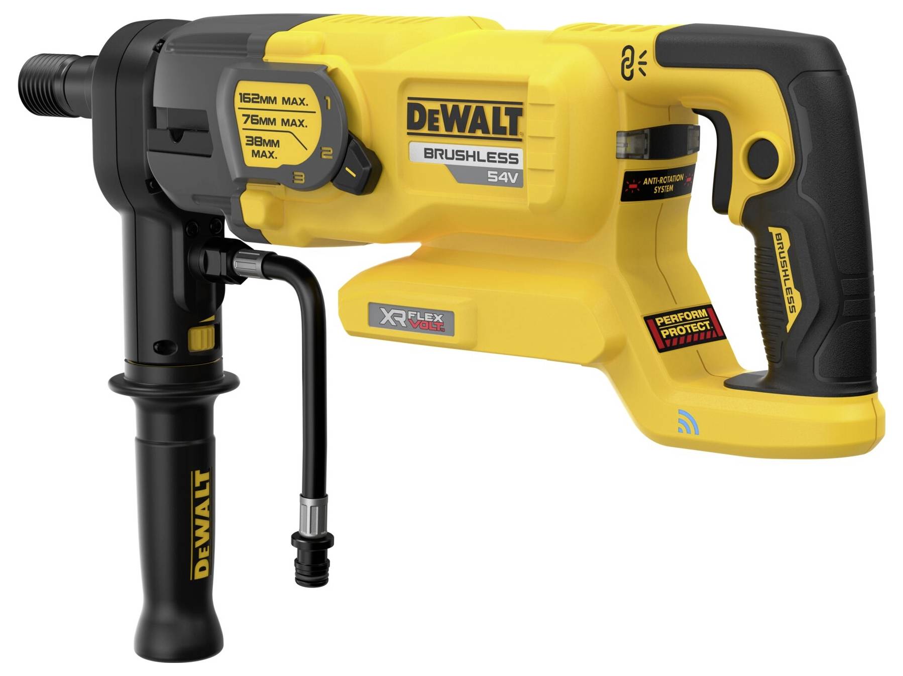 Akkubohrhammer in Gelb mit schwarzem Griff, Marke DeWalt. Funktionen: 54V Leistung, bürstenloser Motor, 3 Modi.