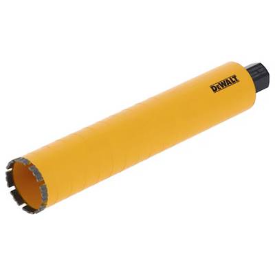 Ein gelber Bohrkern mit DeWALT-Logo. Geeignet für Betonbohrungen. Bohrkrone zeigt gezahnte Schneidfläche.