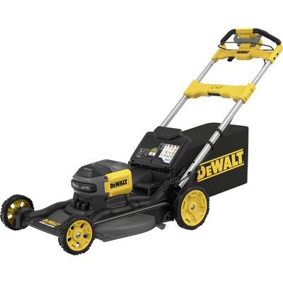 Ein gelber und schwarzer Rasenmäher der Marke DEWALT von der Seite, mit großem Griff und Rädern.