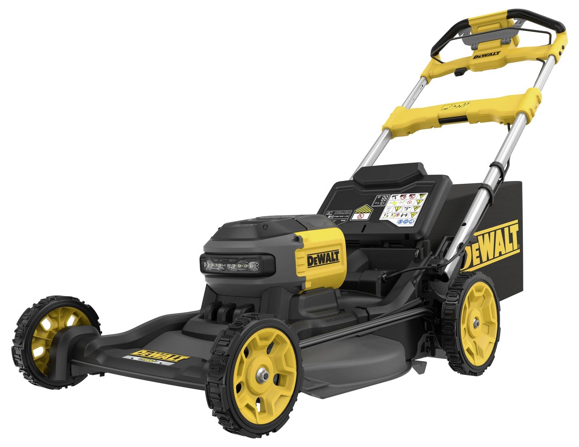 Schwarzer und gelber Akku-Rasenmäher von DEWALT mit großen Rädern und klappbarem Griff. Geeignet für den Einsatz in Gärten.