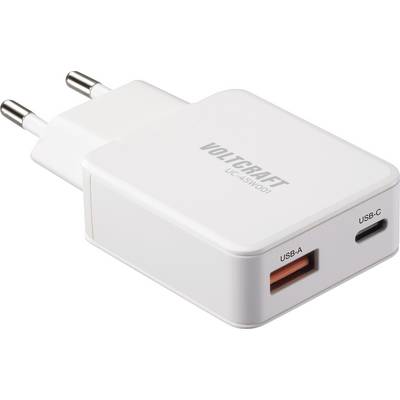 Weißer Voltcraft UC-25WOO1 USB-Ladegerät mit USB-A und USB-C-Anschlüssen, ausgestattet mit europäischen Steckdosenadaptern.