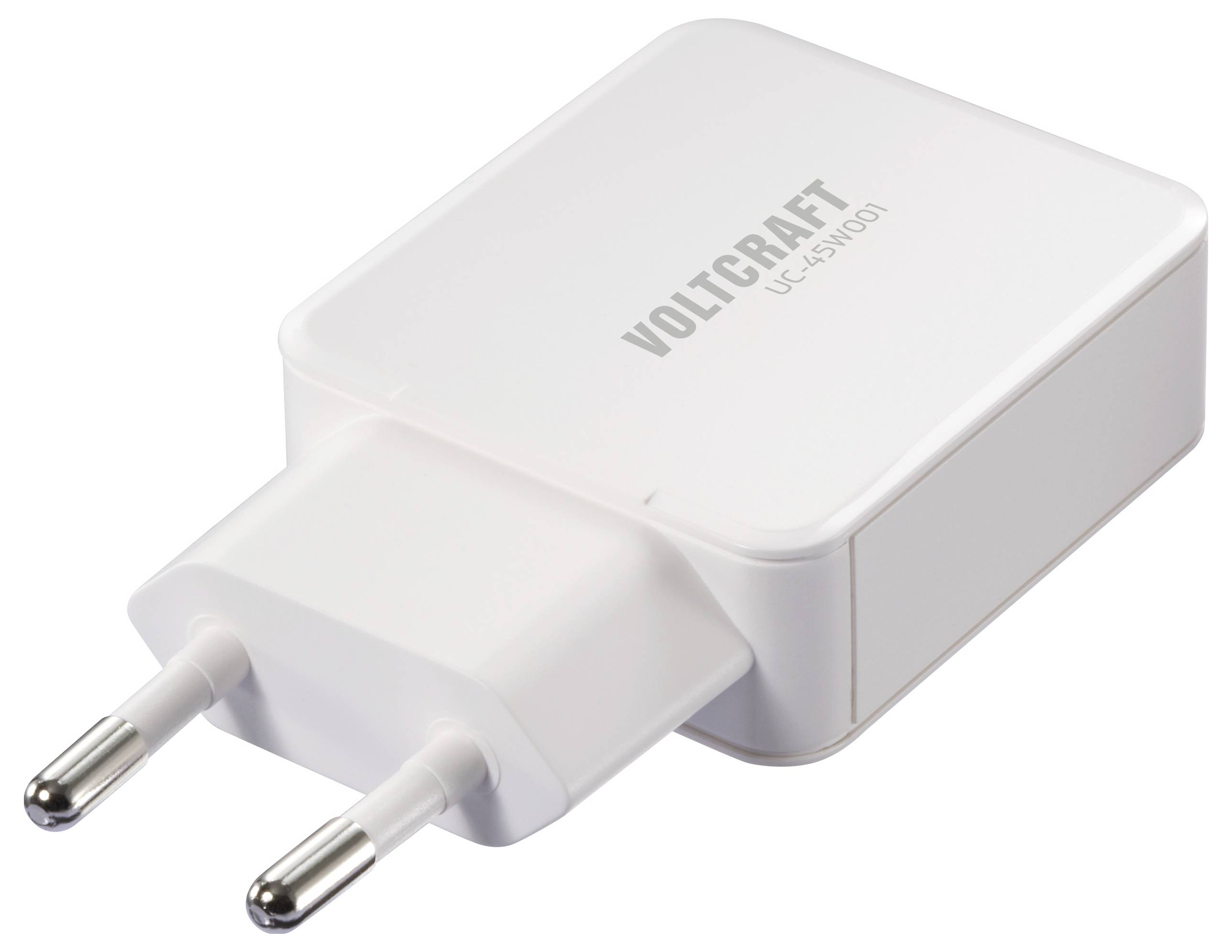 Ein weißer Voltcraft UC-SW001 USB-Wandladegerät mit zwei runden Stiften ist abgebildet, der zum Laden elektronischer Geräte geeignet ist.