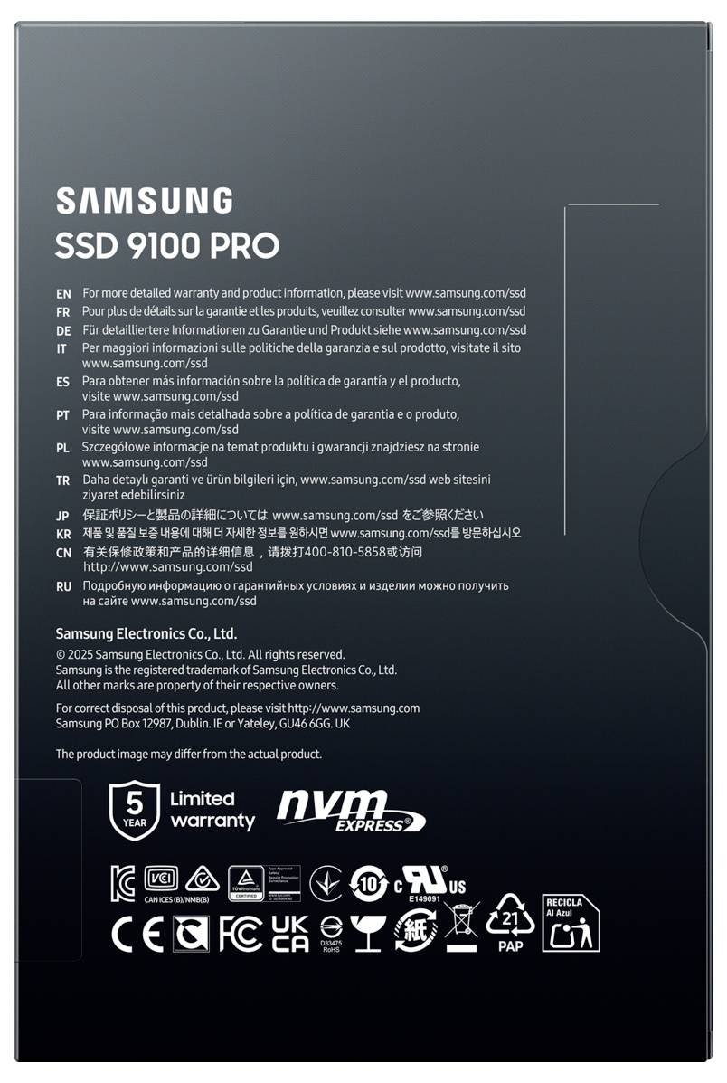 Rückseite einer Verpackung mit Informationen zum 'Samsung SSD 9100 PRO' in mehreren Sprachen. Enthält Garantiehinweise und Kontaktinfos.
