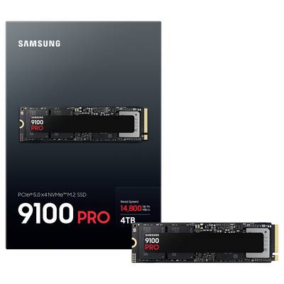 'Samsung 9100 PRO NVMe M.2 SSD 4TB mit einer Lesegeschwindigkeit von bis zu 14.800 MB/s' zeigt Produkt und Verpackung.