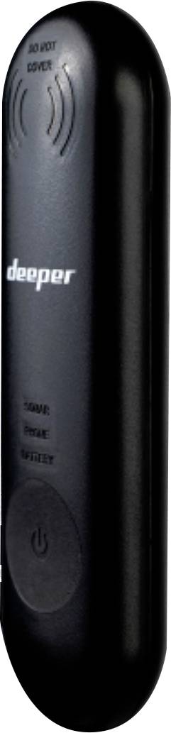 Schwarzes, schlankes Gerät mit der Aufschrift 'deeper'. Oben sind zwei Sensorensymbole, unten ein Ein-/Ausschaltknopf.