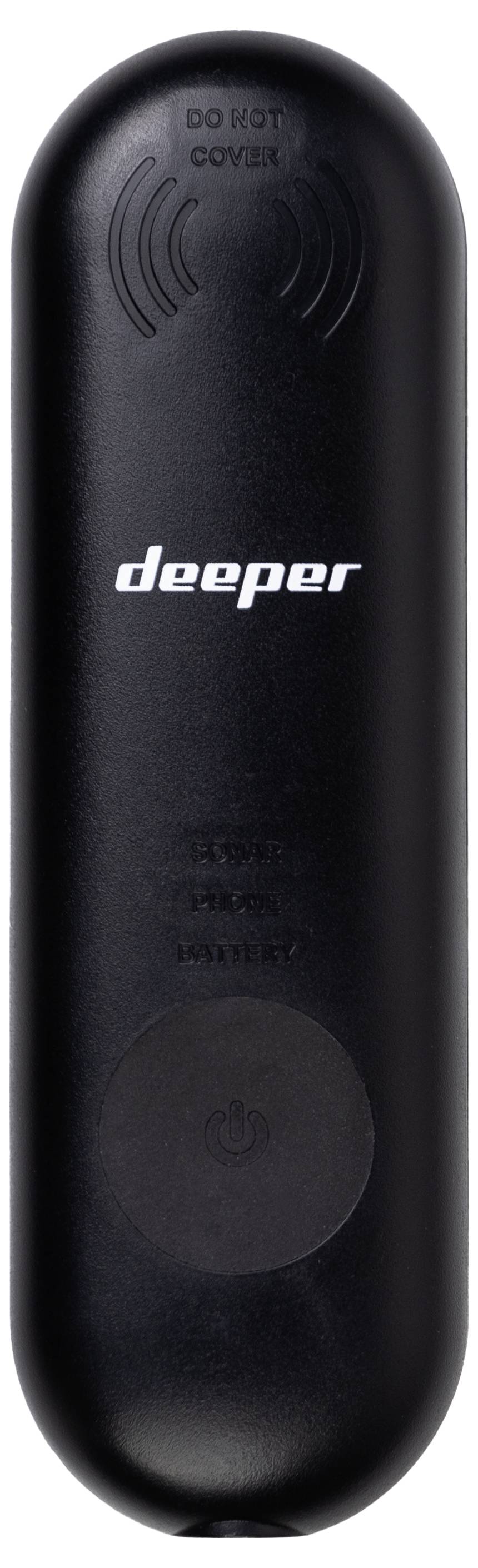 Schwarzes Fernbedienungsgerät mit 'deeper'-Logo und Tasten für Betrieb.