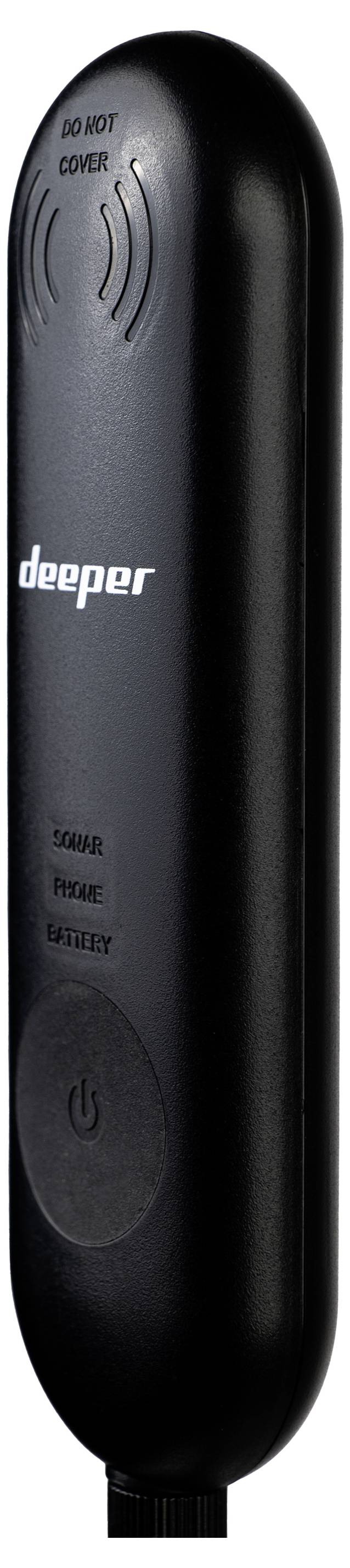 Schwarzes, zylindrisches Gerät mit der Aufschrift 'deeper', sowie Symbolen für Signal, Temperatur und Batterie. Oberseite trägt 'Do Not Cover'.