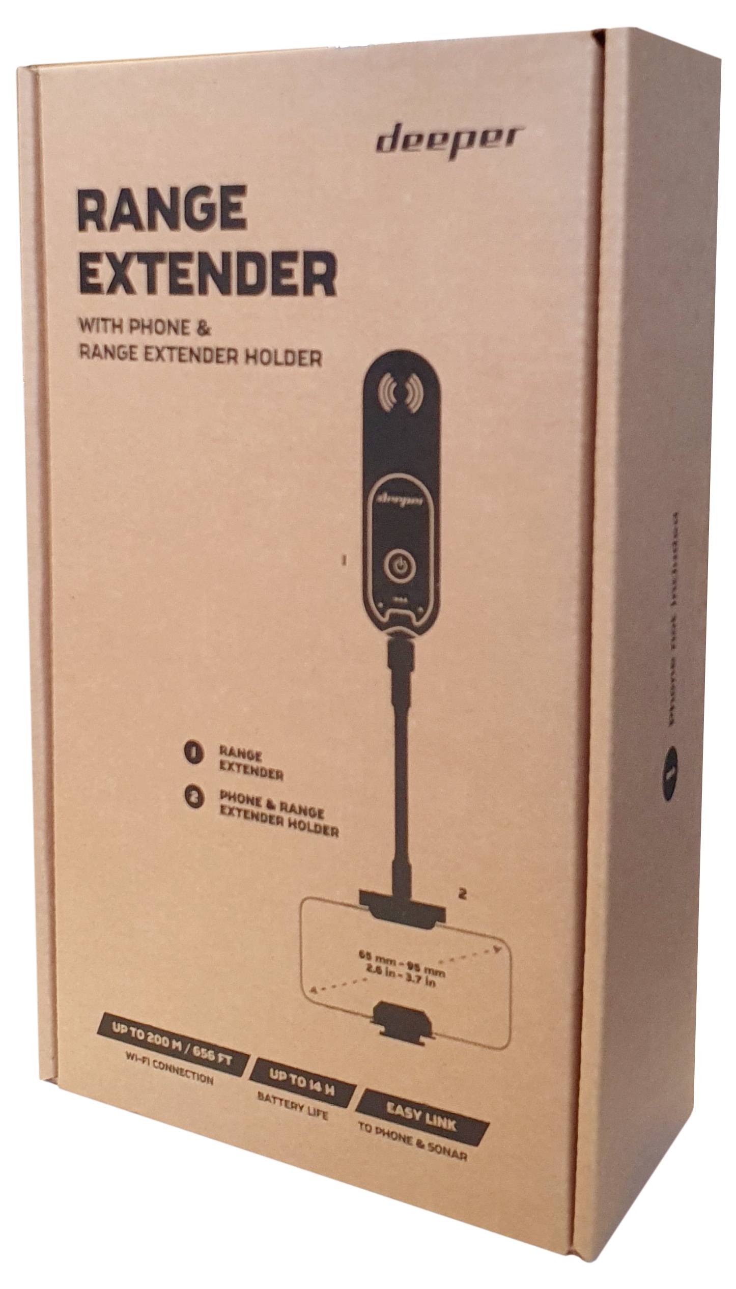 Verpackung eines Range Extenders für Telefone. Aufdruck zeigt Abbildung des Extenders und Halterung. Verwendung: Signalverstärkung.