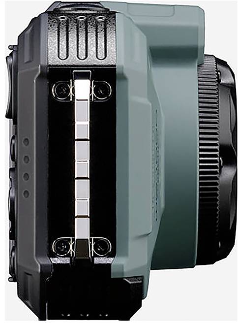 Kamera-Seitenansicht zeigt grün-schwarzes Gehäuse mit Kontrollleuchten und texturierter Oberfläche.